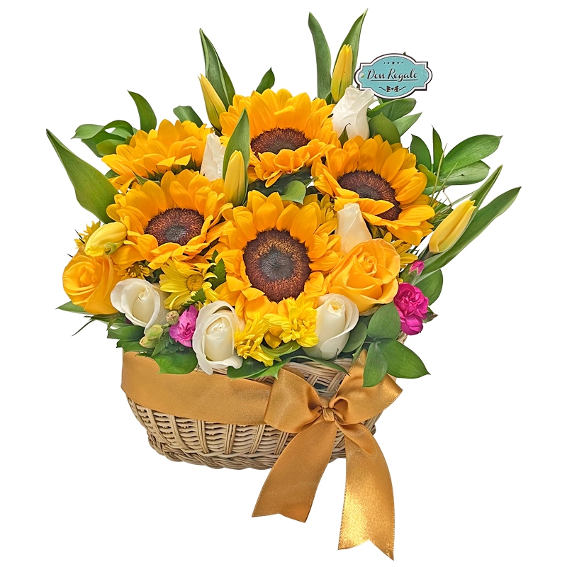 Canasta de Girasoles con Tulipanes Amarillos y Rosas - Sofiflor